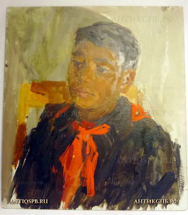 87. Этюд "Портрет пионера". Картон, масло. Художник: Бантиков А.С. СССР. Сер. XX века.